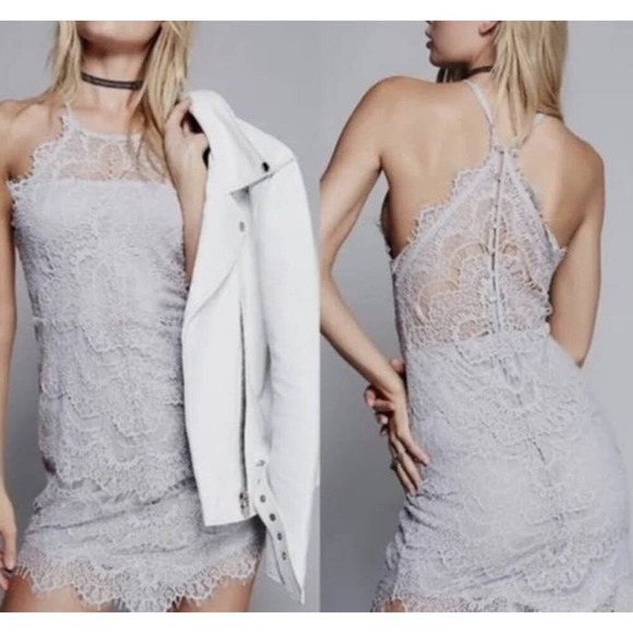 Free People Dresses & Skirts - Free People Lace Halter Dress Womens XS Grey Boho Mini Fairy Festival Feminine